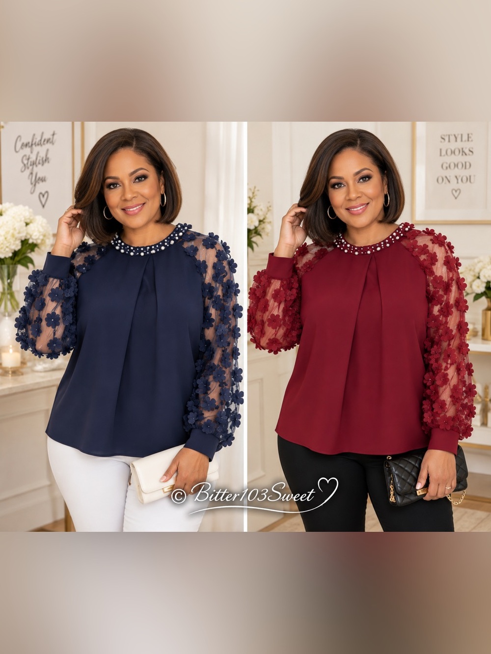 Plus Size Floral Appliqué Sheer Sleeve Pearl Neck Blouse – Navy or Burgundy